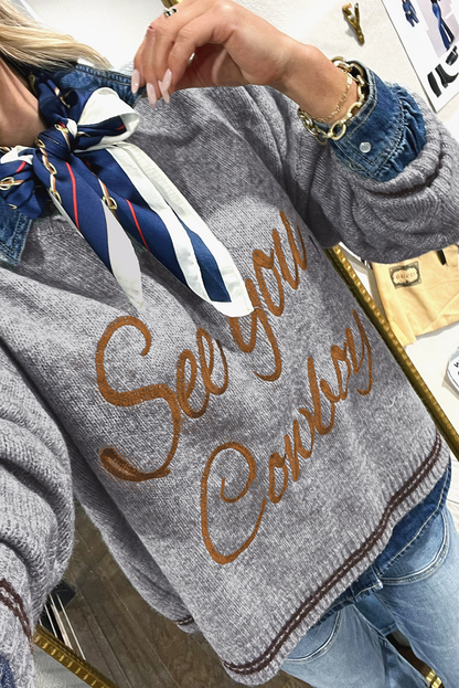Light Grey See You Cowboy Embroidered Western Graphic Sweater